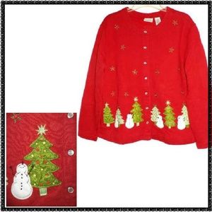 Ugly CHRISTMAS SWEATER L Red CARDIGAN Fleece Top